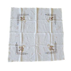 Vintage White Linen Hand Embroidered Floral Square Tablecloth 31" x 31"